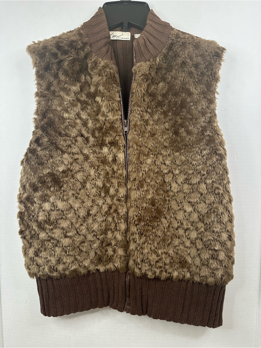 Kim Rogers Brown Faux Fur Zip-Front Vest, size Large